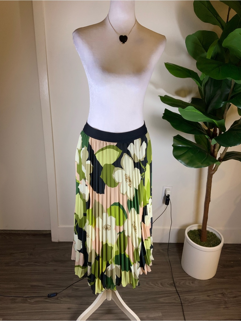 DR2 Floral Pleated Midi Skirt in Green, Pink and Black